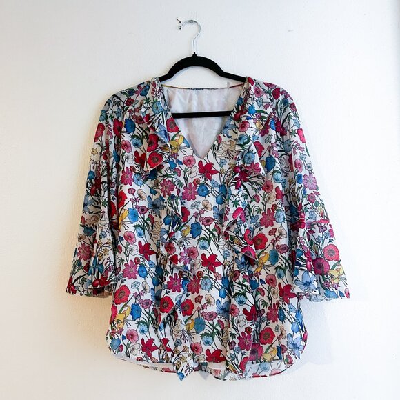 ELIE TAHARI Floral Ruffle 3/4 Bell Sleeve Blouse - Picture 2 of 9